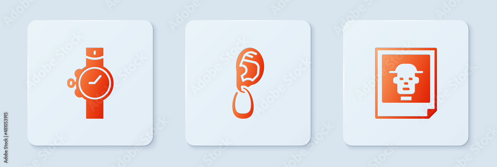 Set Ear with earring, Wrist watch and Photo. White square button. Vector