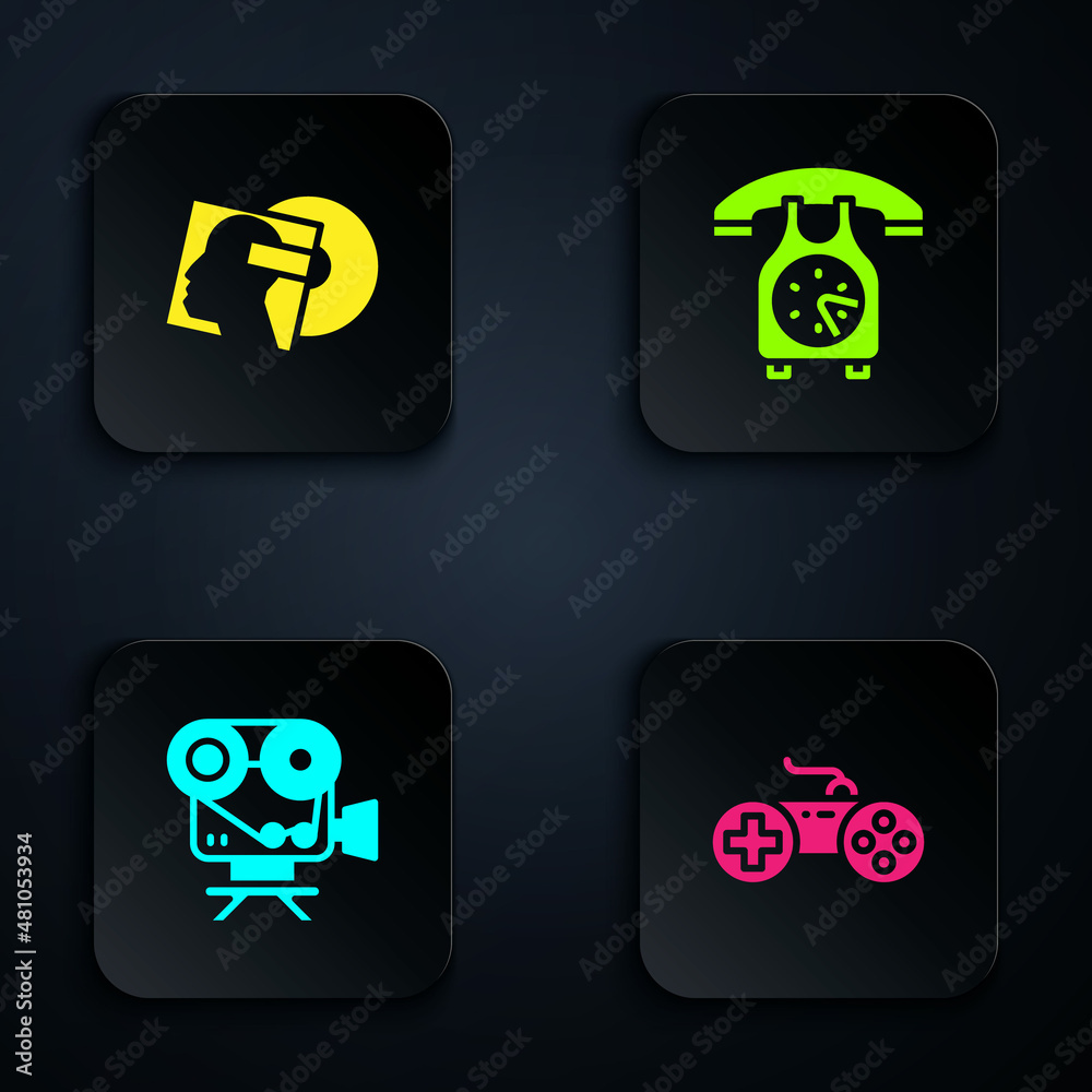 Set Gamepad, Vinyl disk, Retro cinema camera and Telephone handset. Black square button. Vector Set Gamepad, Vinyl disk, Retro cinema camera and Telephone handset. Black square button. Vector