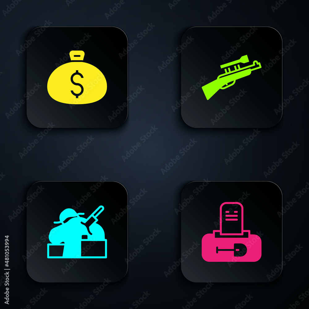 Set Grave with tombstone, Money bag, Murder and Sniper rifle scope. Black square button. Vector