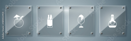 Set Bottle of cognac or brandy, Glass beer, Cocktail Bloody Mary and Coconut cocktail. Square glass panels. Vector