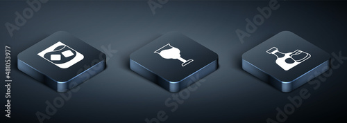 Set Isometric Glass of whiskey, Whiskey bottle and glass and Wine icon. Vector