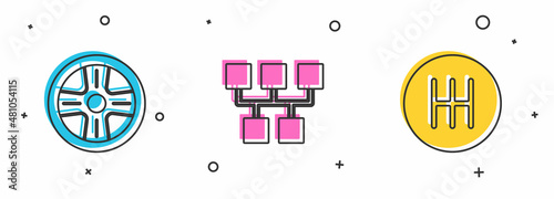 Set Alloy wheel, Gear shifter and icon. Vector
