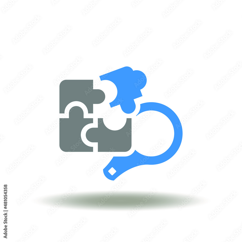 Vector illustration of puzzle pieces with magnifier. Icon of search solutions. Symbol of mediation, facilitation. Brainstorming sign. Vector illustration of puzzle pieces with magnifier. Icon of search solutions. Symbol of mediation, facilitation. Brainstorming sign.