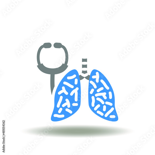 Vector illustration of lungs with legionella or viruses or bacterium and stethoscope. Symbol of legionella test. Icon of lung diagnosis.
