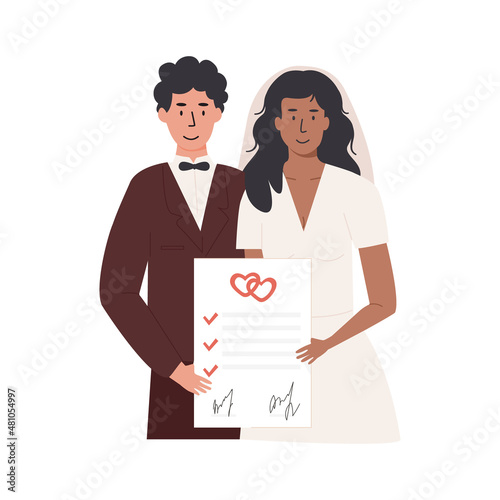 A groom and bride holding signed marriage contract. Interracial married couple with prenup document. Newlyweds with prenuptial agreement and marriage certificate. Vector illustration isolated on white