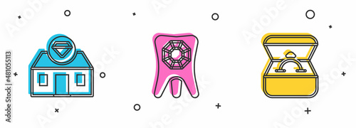 Set Jewelry store, Tooth with diamond and Diamond engagement ring in box icon. Vector