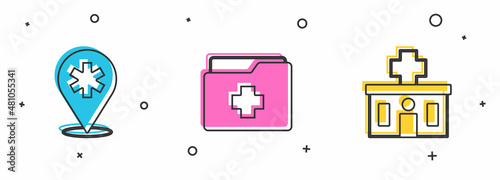 Set Location hospital, Patient record and Hospital building icon. Vector