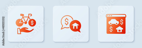 Set Price negotiation, Bicycle rental mobile app and Online real estate. White square button. Vector