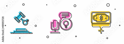 Set Female rights, Microphone and Money growth woman icon. Vector