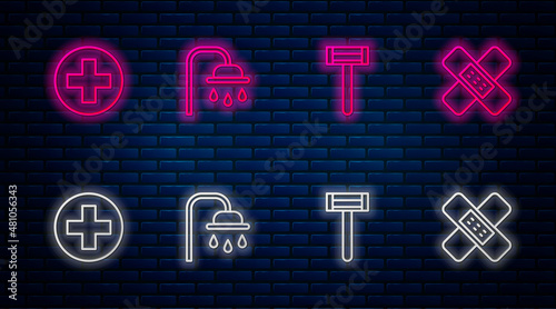 Set line Shower head, Shaving razor, Cross hospital medical and Crossed bandage plaster. Glowing neon icon on brick wall. Vector