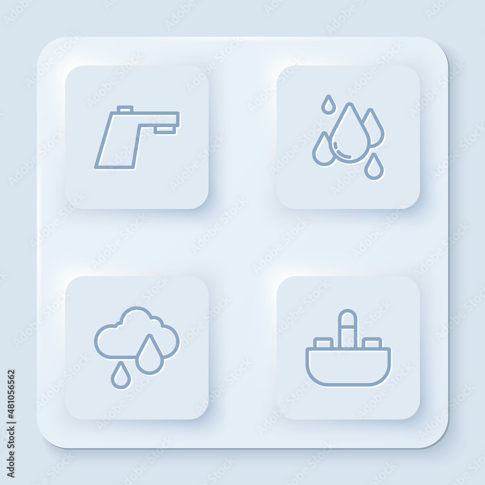 Set line Water tap, drop, Cloud with rain and Washbasin water. White square button. Vector Set line Water tap, drop, Cloud with rain and Washbasin water. White square button. Vector