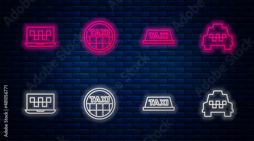 Set line Taxi car roof, , Laptop call taxi service and . Glowing neon icon on brick wall. Vector