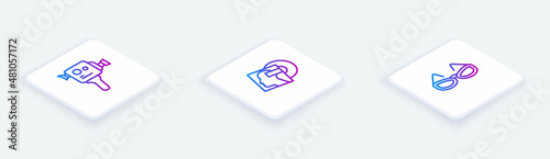 Set Isometric line Retro cinema camera, Vinyl disk and Glasses. White square button. Vector