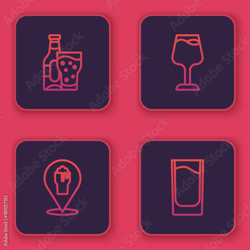 Set line Beer bottle and glass  Alcohol or beer bar location  Wine and Shot. Blue square button. Vector