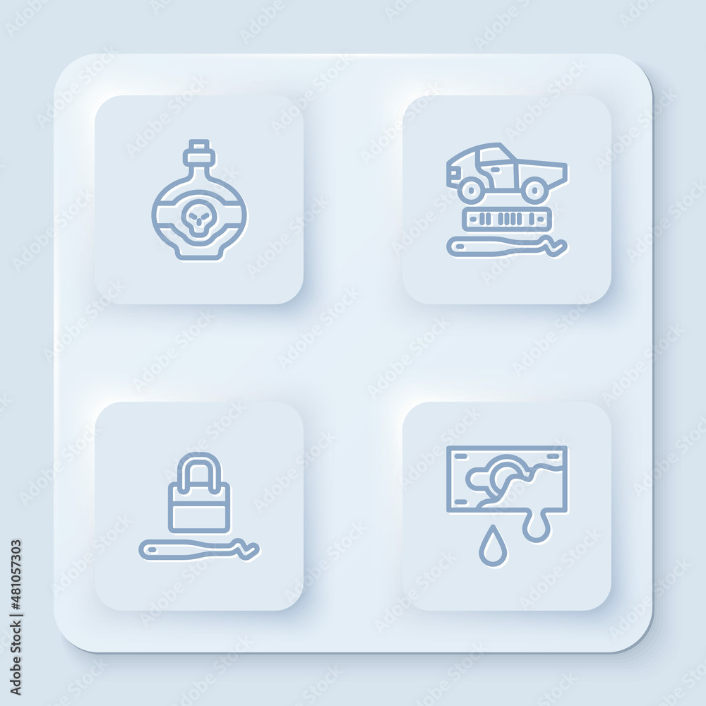 Set line Poison in bottle, Car theft, Lock picks for lock picking and Bloody money. White square button. Vector Set line Poison in bottle, Car theft, Lock picks for lock picking and Bloody money. White square button. Vector