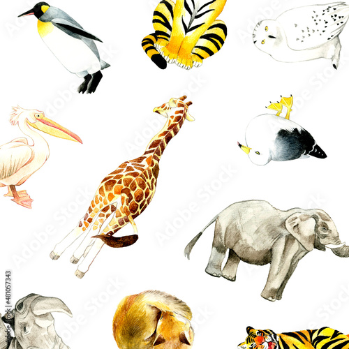 動物園の生き物の背景素材　かわいい手描き水彩イラスト素材 © 一色いっさ