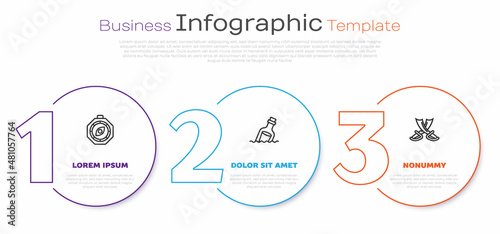 Set line Compass, Bottle with message in water and Crossed pirate swords. Business infographic template. Vector