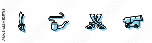 Set line Crossed pirate swords, Pirate, Smoking pipe and Cannon icon. Vector