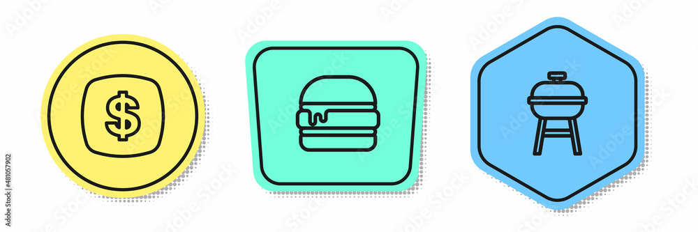 Set line Dollar symbol, Burger and Barbecue grill. Colored shapes. Vector Set line Dollar symbol, Burger and Barbecue grill. Colored shapes. Vector