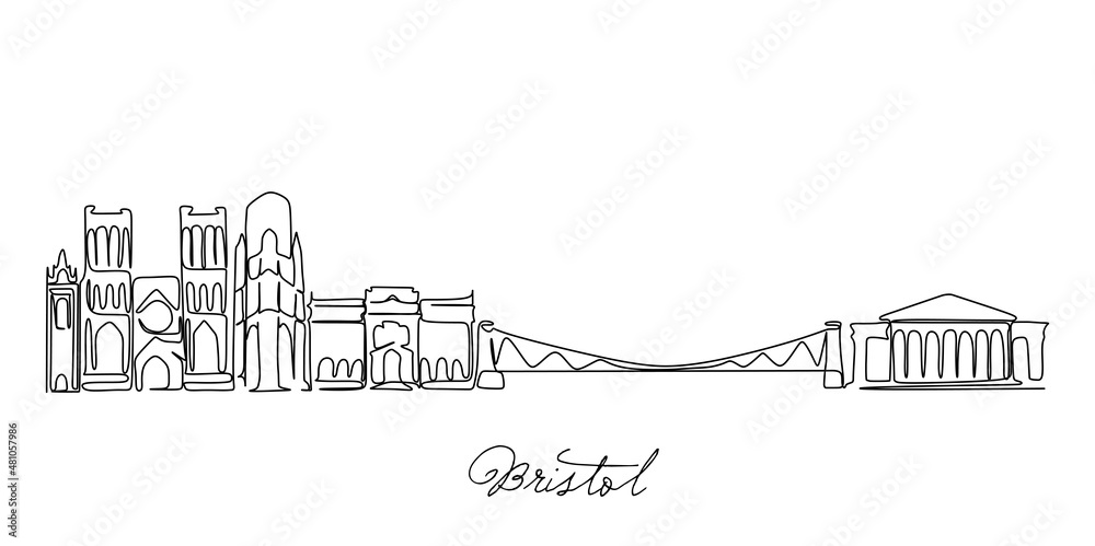Single continuous line drawing of Bristol skyline, England UK. Famous city scraper landscape. World travel home wall décor art poster print concept. Modern one line draw design vector illustration