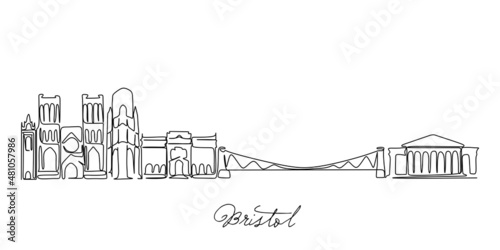 Single continuous line drawing of Bristol skyline, England UK. Famous city scraper landscape. World travel home wall décor art poster print concept. Modern one line draw design vector illustration