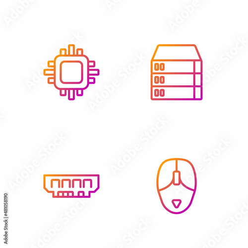 Set line Computer mouse, RAM, random access memory, Processor with CPU and Server, Data, Web Hosting. Gradient color icons. Vector