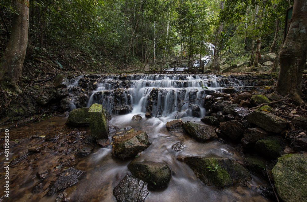 Fototapeta premium The famous natural waterfall in Maekampong village,Chiangmai province,Thailand.Yellow sign means caution waterfall ahead in thai language.Attractive place for traveller.
