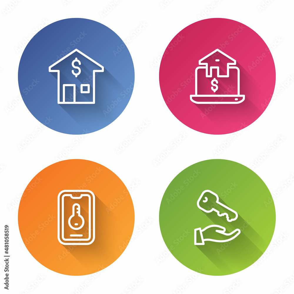 Set line House with dollar, Online real estate, and key. Color circle button. Vector Set line House with dollar, Online real estate, and key. Color circle button. Vector