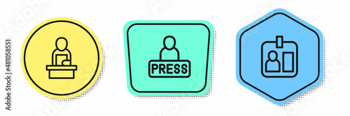 Set line Breaking news, Journalist and id card. Colored shapes. Vector