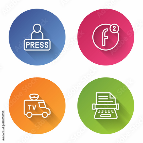 Set line Journalist news, Create account, TV News car and Retro typewriter. Color circle button. Vector