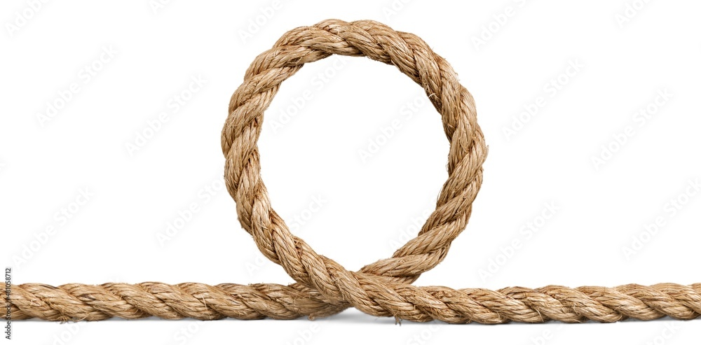 Tied square knot, linen rope in the shape of a round Tied square knot, linen rope in the shape of a round