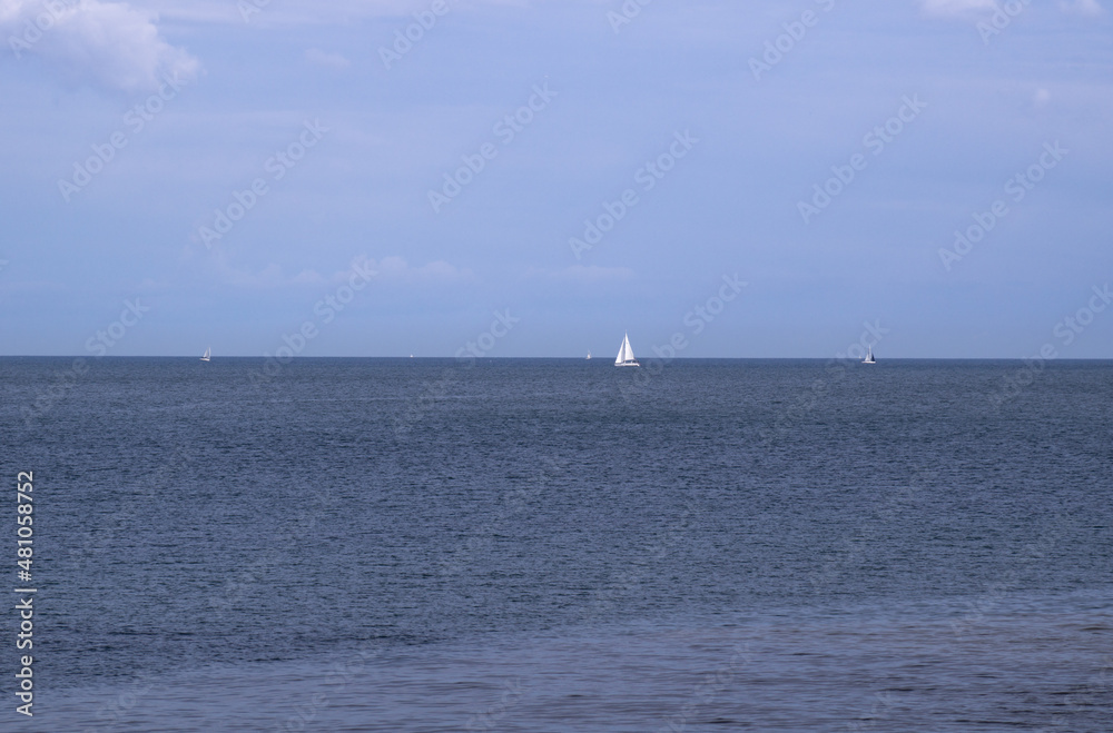 White and blue - outdoor scene on the lake Ontario with blue sky, blue water, and a white small sailboats scattered in the lake to the horizon