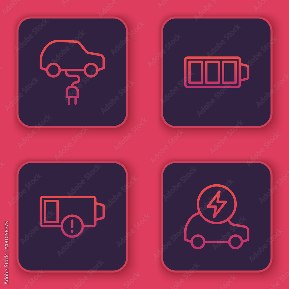 Set line Electric car, Low battery, Battery charge and . Blue square button. Vector Set line Electric car, Low battery, Battery charge and . Blue square button. Vector