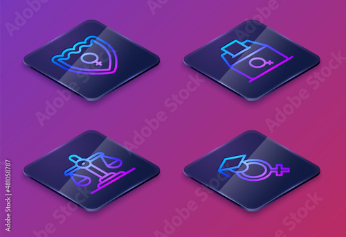 Wallpaper Mural Set Isometric line Gender shield, Female, equality, vote right and Teacher. Blue square button. Vector Torontodigital.ca