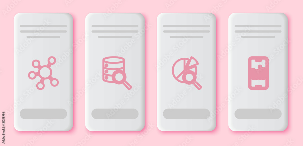 Set line Project team base, Server, Search data analysis and Mobile with graph. White rectangle button. Vector Set line Project team base, Server, Search data analysis and Mobile with graph. White rectangle button. Vector