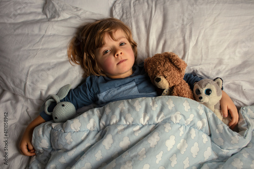 The child is getting ready for bed.
Healthy child, sweetest blonde toddler boy sleeping in a bed with a teddy bear and another stuffed animals. Time before a sleeping. View from above.