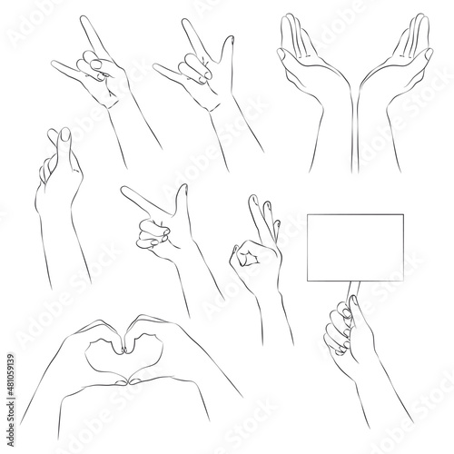Set of Hands Making Different Symbols / Line Style. Hand Drawn Vector.