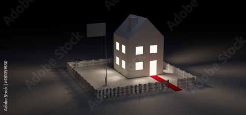 Paper house with light  flagpole  picket fence and red carpet in perspective.  3D rendered illustration 