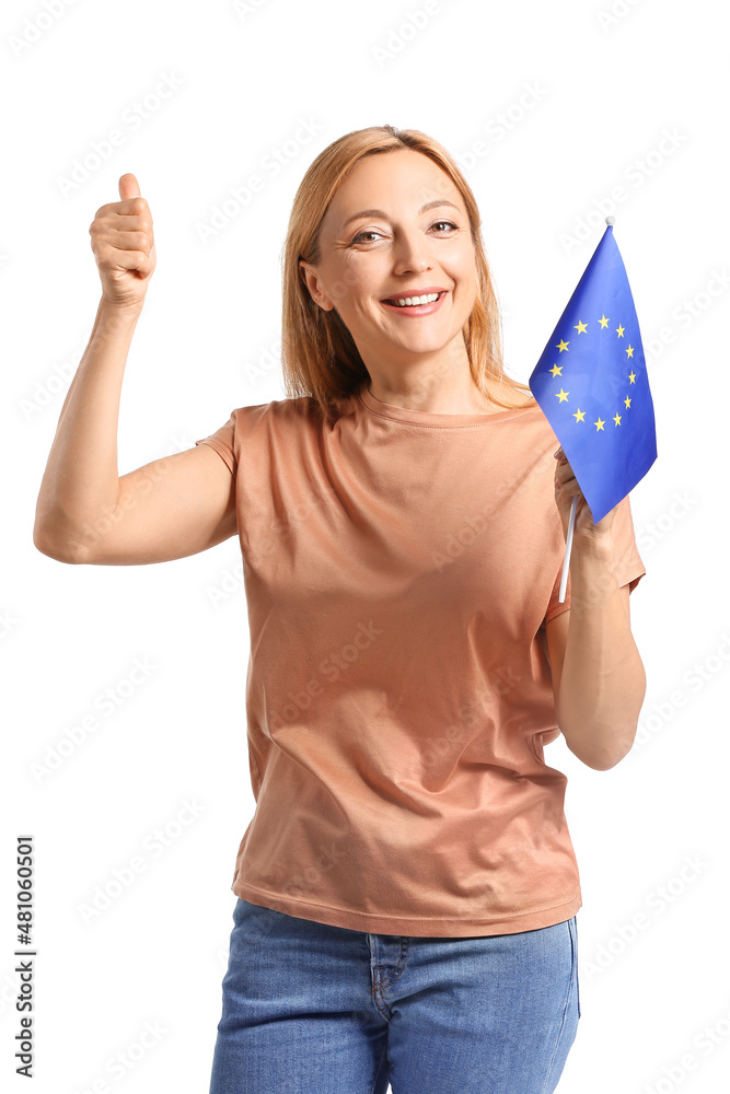 Mature woman with flag of European Union showing thumb-up on white ...
