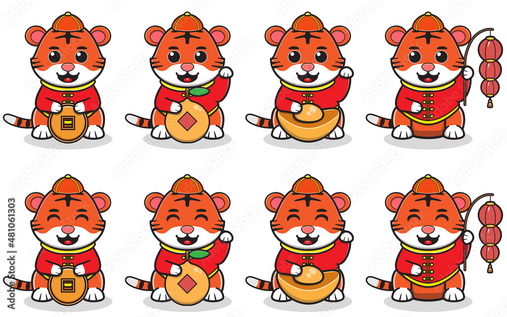 Vector Illustration of Cute Smiling tiger cartoon in red costume with wealth gold. Happy Chinese new year. Set of cute little tiger characters. Animal holidays cartoon character. Lucky cat pose. Vector Illustration of Cute Smiling tiger cartoon in red costume with wealth gold. Happy Chinese new year. Set of cute little tiger characters. Animal holidays cartoon character. Lucky cat pose.