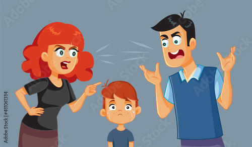 Little Boy Crying While His Parents Fight Vector Illustration