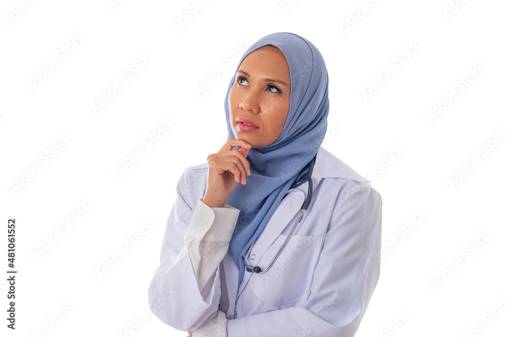 medicine, healthcare, charity and people concept - thoughtful muslim female doctor wearing hijab and white coat looking up over white background medicine, healthcare, charity and people concept - thoughtful muslim female doctor wearing hijab and white coat looking up over white background