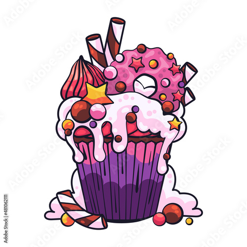 Cupcake with cream, ice cream, lollipops and marmalade. Bright dessert.