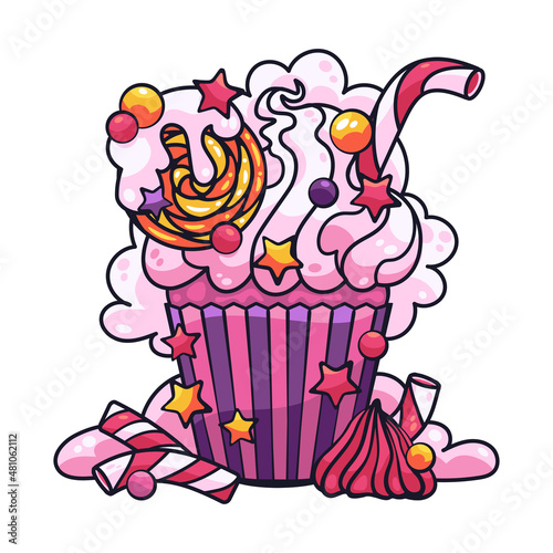 Cupcake with cream, ice cream, lollipops and marmalade. Bright dessert.