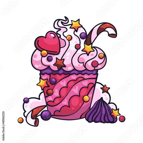 Cupcake with cream, ice cream, lollipops and marmalade. Bright dessert.