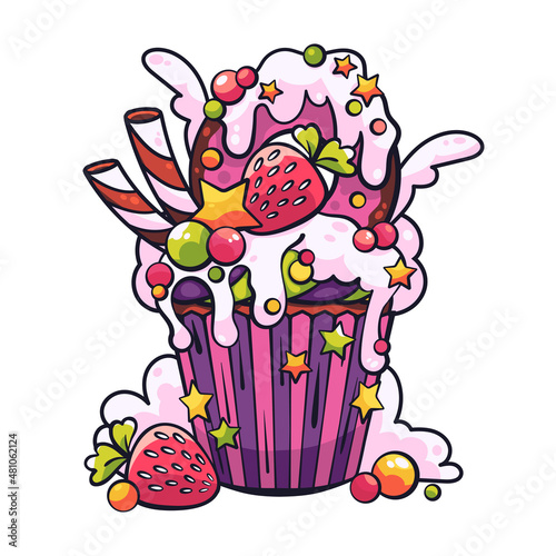 Cupcake with cream, ice cream, lollipops and marmalade. Bright dessert.