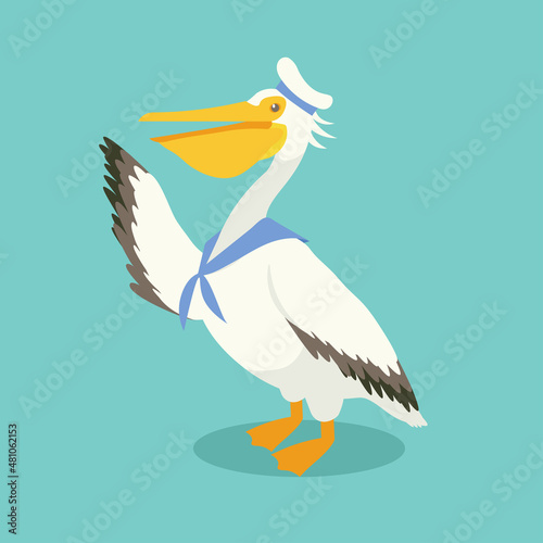 Pelican in a sailor suit flaps its wing
