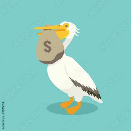 Pelican with a bag of money in its beak.