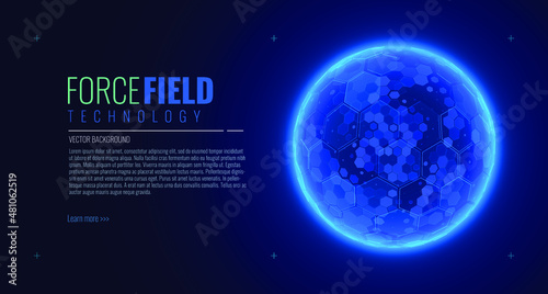 Bubble Shield Futuristic HUD Illustration on a Blue Background. Dome Geometric Energy Shield. Sci-Fi Game Abstract Force Field Glowing Effect. Hexagonal 3D Sphere Vector Illustration.
