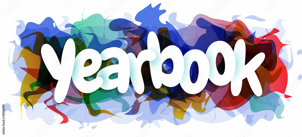 White letters of the word ''Yearbook'' over an abstract colorful background. Creative banner or header for the website. Vector illustration.